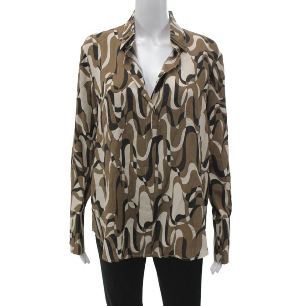 Catherine Gee Women Silk Button Collar Geometric Long Sleeve Blouse Size M